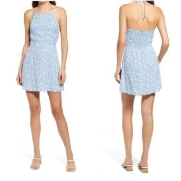 Reformation Tasha Floral Halter Neck Minidress Azzurro B385 - Picture 1 of 4